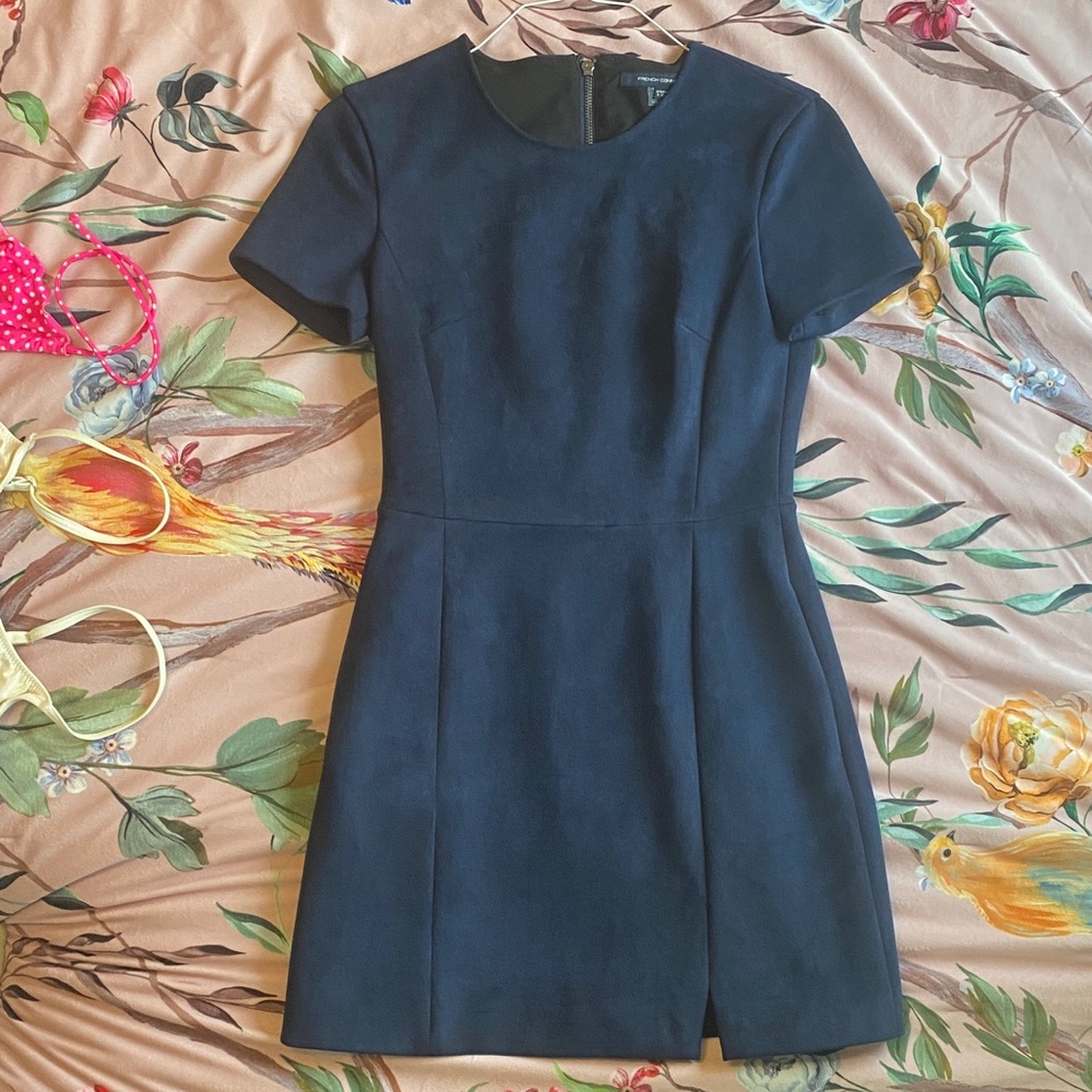Classic Navy Suede Short-Sleeve Sheath Dress